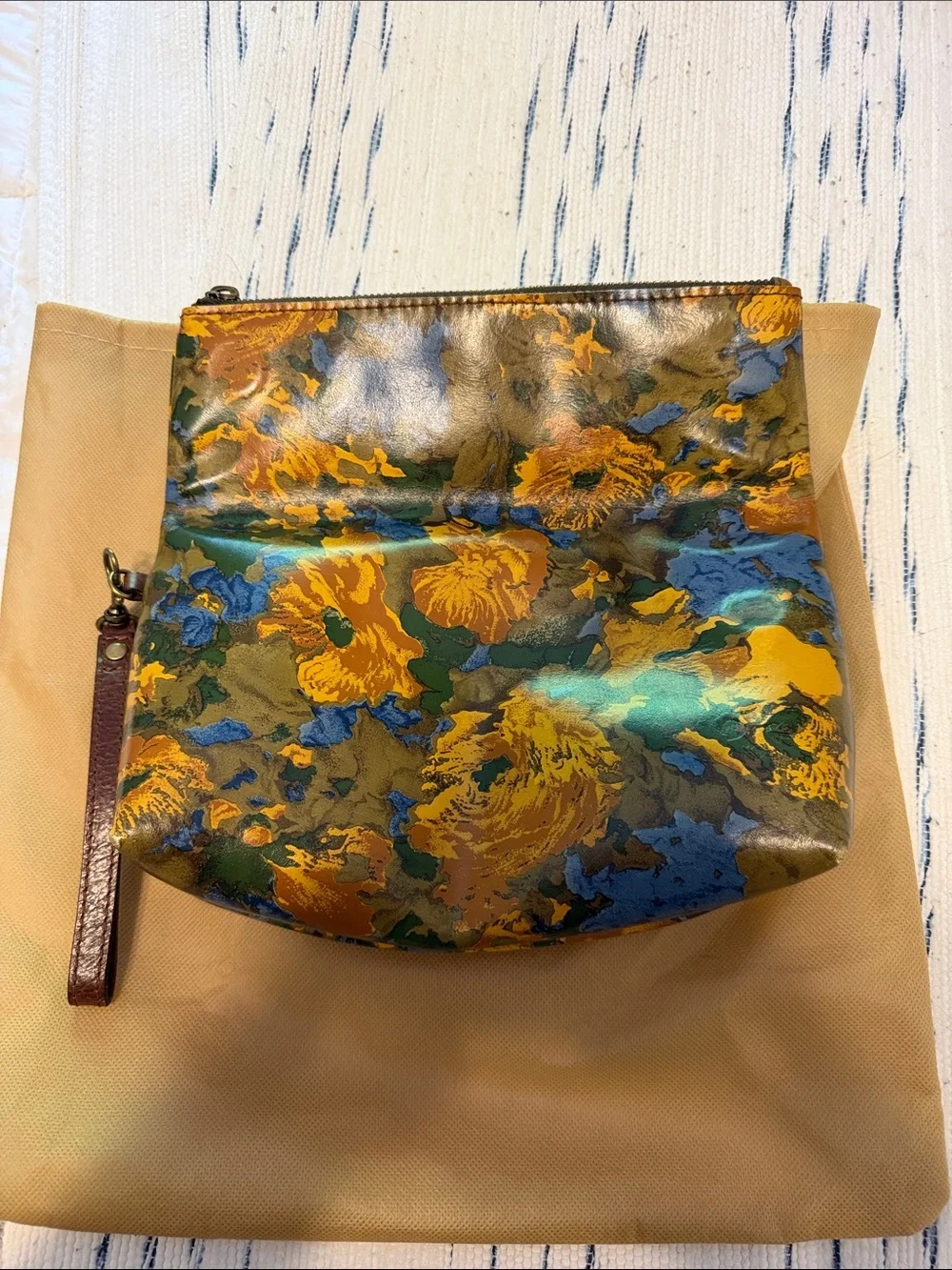 Patricia Nash Metallic Floral Leather Wristlet in Teal, Gold, Blue